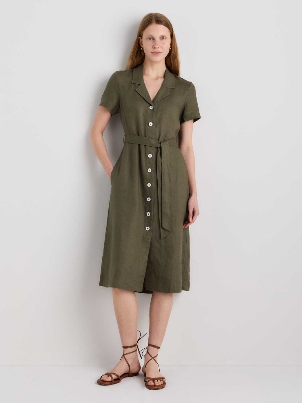 QUINCE 100% European Linen Button Front Dress, Olive Green, Size Medium